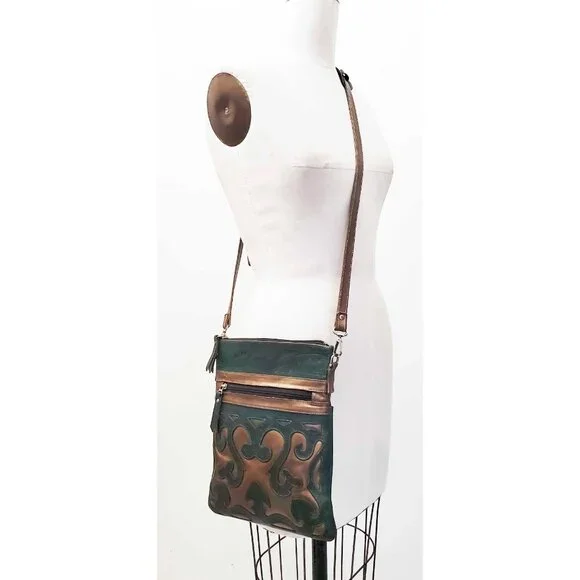 Leaders in Leather Skinny Crossbody Shoulder Bag Tote Cutout Tooled Leather - Picture 11 of 11